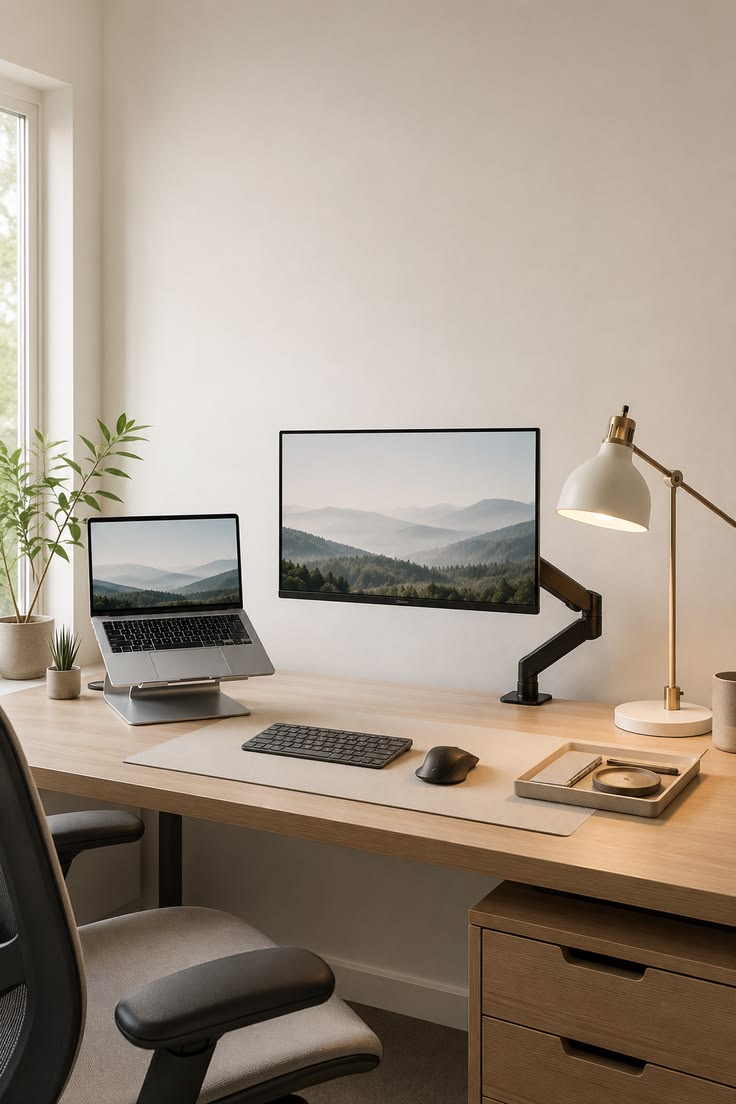 Hjemmekontor med skærm, tastatur og skrivebordslampe